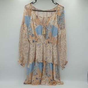 ILLA ILLA tiered Boho Dress Floral Patchwork Print Medium Lined Long Sleeve Midi